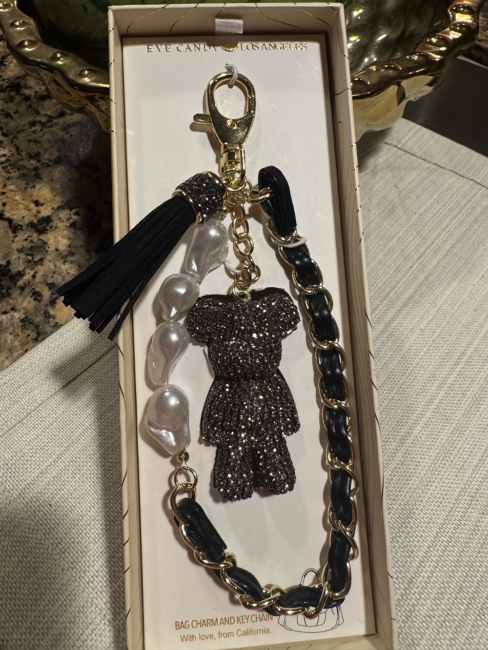 Eye Candy Black Glitter Bear with Pearl Strand, Gold & Black Strap BAG CHARM